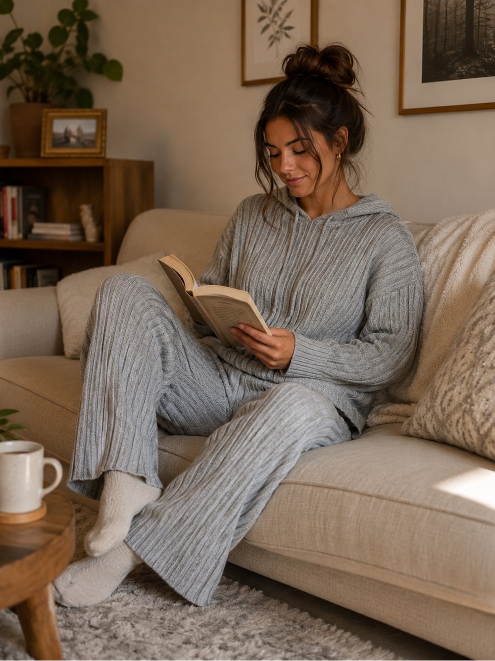 Light Gray Ribbed Knit Loungewear pajama set L